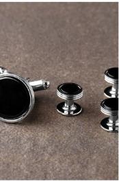  Triple Rim Silver Studs Premium Onyx Cufflinks Set Black