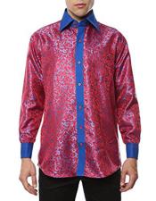  Two Toned Shiny Satin Floral ~ Flower Spread Collar Paisley Casual Red-Blue Dress Cheap Fashion Clearance Shirt Sale Online For Men