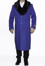  Removable Fur Collar Full Length Ankle length Wool Dress Top Coat / Overcoat In Royal Blue - Mens Overcoat