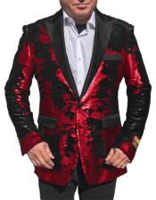 Red ~ Black Tuxedo 1 Button Shiny Sequin Glitter Sport Coat Perfect for Prom