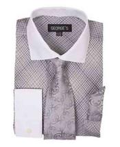  French Cuff Silver Mini Plaid/Checks Dress Cheap Fashion Clearance Shirt Sale Online For Men With Tie And Handkerchief