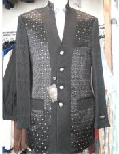  2 Piece  Black 4 Button Mandarin ~ Nehru Collar Jacket Collarless Style Suits