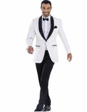   1 Button All White Prom ~ Wedding Groomsmen Tuxedo  with Black Shawl Lapel Suit 
