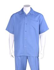  Two Pieces Sky Blue Casual Short Sleeve Plain Walking Suits With Pleated Pants- Casual Suits For Men - Mens Leisure Suit