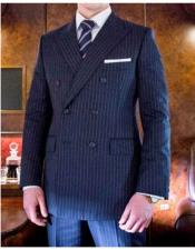  Striped Pattern Navy Blue Double Breasted Button Closure Suit
