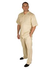  Taupe Short Sleeve Button Closure 100% Linen For Beach Wedding Outfit 2 Piece With Pleated Pant Shirt 