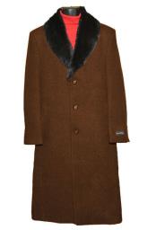  Brown Fur Collar 3 Button Wool Ankle length Overcoat ~ Long men's Dress Topcoat -  Winter coat 