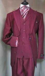  Lightweight Material Summer Polyester Men Jacket With Contrasting Darker Wedding Prom Peak Collared - Burgundy Mens Three Piece Suit - Vested Suit