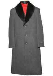  Fur Collar Dark Charcoal Grey 3 Button Wool Ankle length Overcoat ~ Long men's Dress Topcoat -  Winter coat 