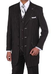  Classic pronounce visible Chalk Gangster Stripe 3 Piece Suits Pinstripe Suits for Men w/Vest Dark color black with White Stitching 