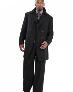  3 ~ Three Piece Vested With Peacoat Jacket with Wide Leg Pants Dark color black - men's Double Breasted Suits