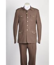  men's 5 Button Safari Military Style Brown Online Indian Wedding Outfits ~ Mandarin ~ Nehru Collar Jacket Collarless Style Suit 