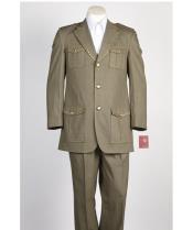  men's 2 Button Safari Military Style Dark Olive Online Indian Wedding Outfits ~ Mandarin ~ Nehru Collar Jacket Collarless Style Suit