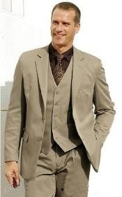 High Quality Dark Tan ~ Beige 2 Btn Vested 100% Poly Rayon Three Piece Modern Fit Suits 2 Piece Suits For Men Vented