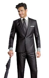  Two buttons Shiny Flashy Metalic Cheap Priced Fitted Tapered cut Silk Touch Sharkskin Dark color black Suit 
