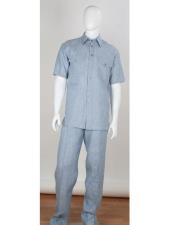  2 Piece Stripe Accent Blue Shirt Short Sleeve Double Chest Pockets Linen For Beach Weddin