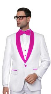  Prom Outfit ~ Wedding ~ Groom Attire Vested Button White And Pink Tuxedo ~ Fuchsia  Shawl Suit Vest + Pants Jacket