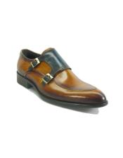  men's Slip On Double Buckle Light Brown ~ Cognac/ Navy Carrucci Shoes