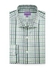  Slim Fit Dress Cotton Green Checked Pattern Gingham Shirt - Checker Pattern - French Cuff - White Collared + Free Bowtie