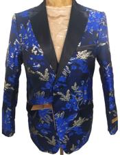  men's One Chest Pocket Navy Blue Tuxedo Dinner Jacket Floral Pattern Blazer