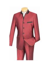  men's Wine  Slim Fit Banded Collar Four Button Suit