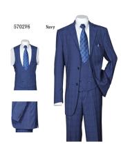  men's Double Breasted Vested 3 Piece Suit Navy Plaid ~ Windowpane Checkered Suit