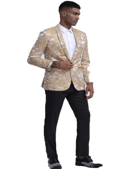  men's Gold Floral Pattern Slim Fit Shawl Lapel Tuxedo For Prom & Wedding