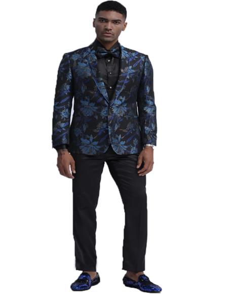  Slim Fit Tuxedo 2020 Dinner Jacket Paisley ~ Floral Pattern Fashion Blazer Perfect for Prom & Wedding & Stage Blue & Black
