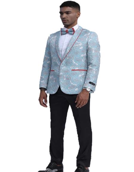  Paisley ~ Floral Pattern Fashion Blazer Slim Fit Tuxedo Dinner Jacket Perfect for Prom & Wedding & Stage Sky Blue