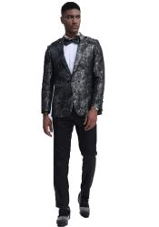  Paisley Matching bow tie ~ Floral Pattern Fashion + Black and Silver + Slim Fit Prom Outfit Wedding Tuxedo Suit (Jacket & Pants) 