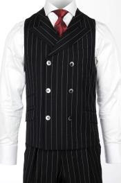 Men's Black Peak Lapel Six Button Casual Wool Fabric Suit