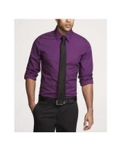  Button Closure Long Sleeve Purple Shirt  and Black Tie