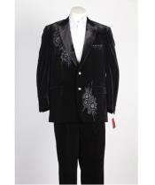  men's 2 Button Black Velvet Jacket, with floral pattern, Satin Peak Lapel, and Black Dress Pants velour men's Blazer