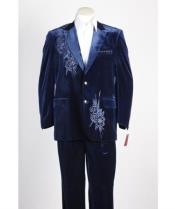  men's 2 Button Midnight Blue ~ Navy Velvet Jacket, With Floral Pattern, Satin Peak Lapel, And Black D