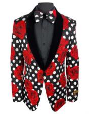Floral Flower Paisley Jacket, Pants and Matching Bowtie Red Tuxedo Blazer