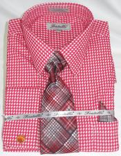  Matching - Checker Pattern - French Cuff Spread Collar Red Colorful men's Gingham Dress Shirt