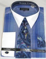  Blue Houndsiooth Colorful Crisp White Spread solid Collar men's Dress Shirt