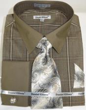  Brown Colorful Gold Spread Solid Collar men's Dress Shirt
