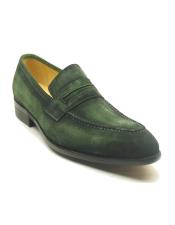  Mens Leather Suede Penny Stylish Dress Loafer Olive - Mens Green Dress Shoes - Mens Carrucci Shoes