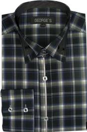 men's Black Fashion Plaid High Collar Shirt With Solid Trim