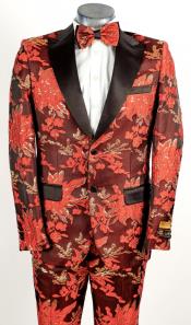 Mens Flower Suit - Floral Suit Mens 2 Button Peak Lapel Red Tuxedo