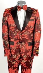 Mens Red ~ Gold 2 Button Floral Paisley Tuxedo