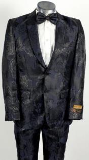 Mens Shiny Black ~ Navy 2 Button Floral Paisley Prom And Wedding Tuxedo
