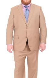 Mix And Match Suits Men's Super 140'S Wool Two Button Portly Solid Tan Suit Executive Fit Suit - Men