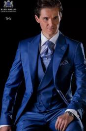 Mens Suits With Double Breasted Vest - Single Button Peak Lapel Royal Blue Suits