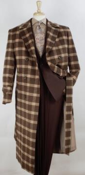Mens Double Breasted Full Length Overcoat - 100% Wool APTIL3 - Brown Windowpane