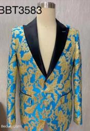 Style-B6362 Mens Blazer - Turquoise and Gold Paisley Blazer - Fashion Prom Sport Coat