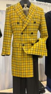Mens Wool Plaid Peacoat - Plaid Pattern Wool Yellow Coat