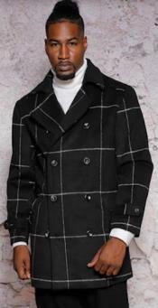 Mens Wool Plaid Peacoat - Plaid Pattern Wool Black Coat