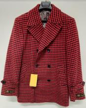 Mens Plaid Overcoat - Wool Peacoat - Plaid Topcoats Red